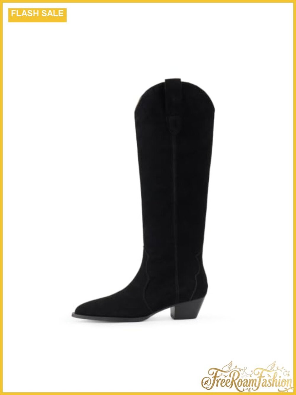 Faux Suede Cowboy Boots Pointed Toe Chunky Heel Knee High Pull On